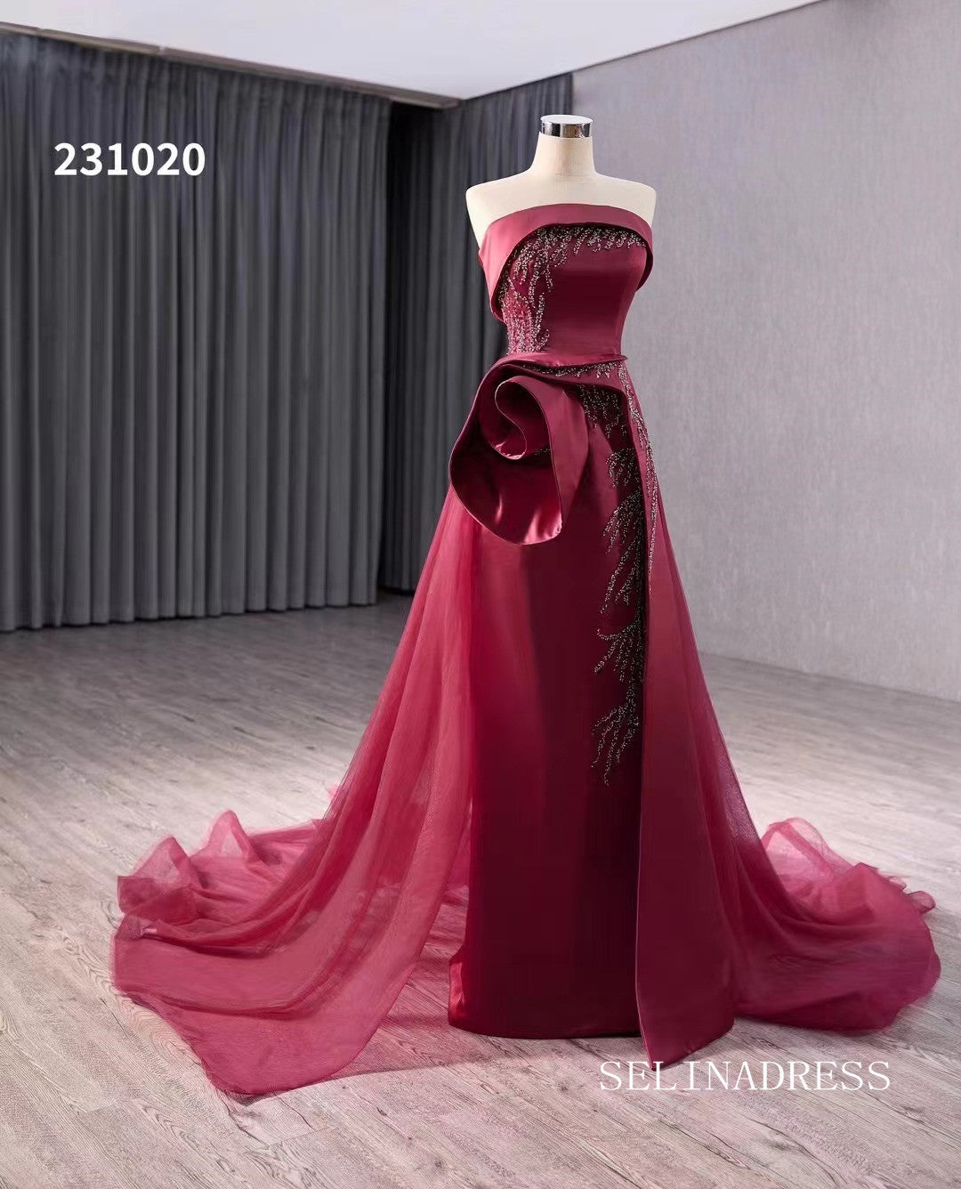 Red Beaded Satin Wedding Dress With Overskirt Strapless Pageant Dress 231020|Selinadress