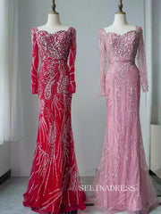 Red Dubai Evening Dresses Long Sleeves Beaded Luxury Wedding Party Gowns For Women ALI002