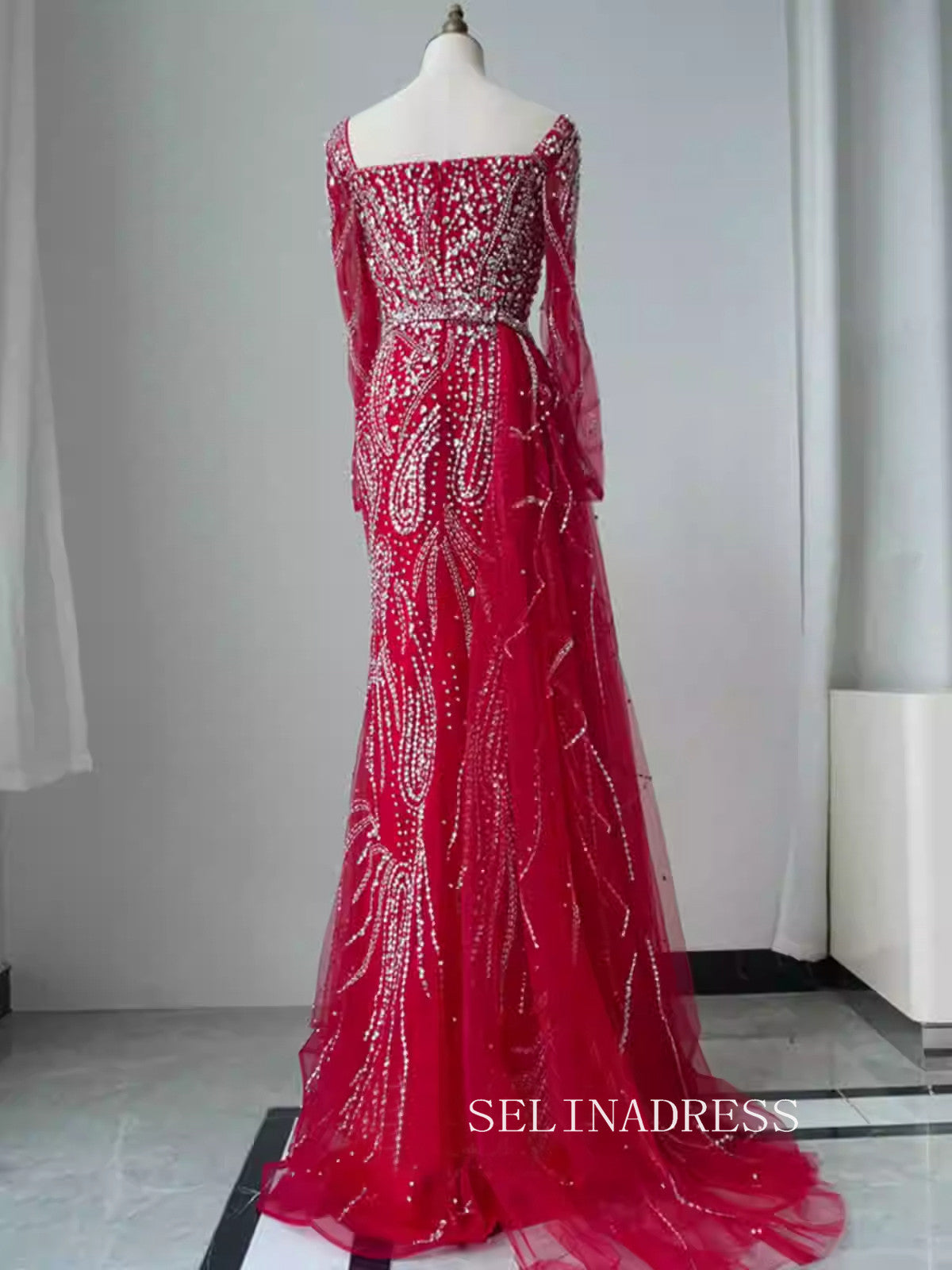 Red Dubai Evening Dresses Long Sleeves Beaded Luxury Wedding Party Gowns For Women ALI002