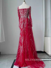 Red Dubai Evening Dresses Long Sleeves Beaded Luxury Wedding Party Gowns For Women ALI002