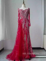 Red Dubai Evening Dresses Long Sleeves Beaded Luxury Wedding Party Gowns For Women ALI002