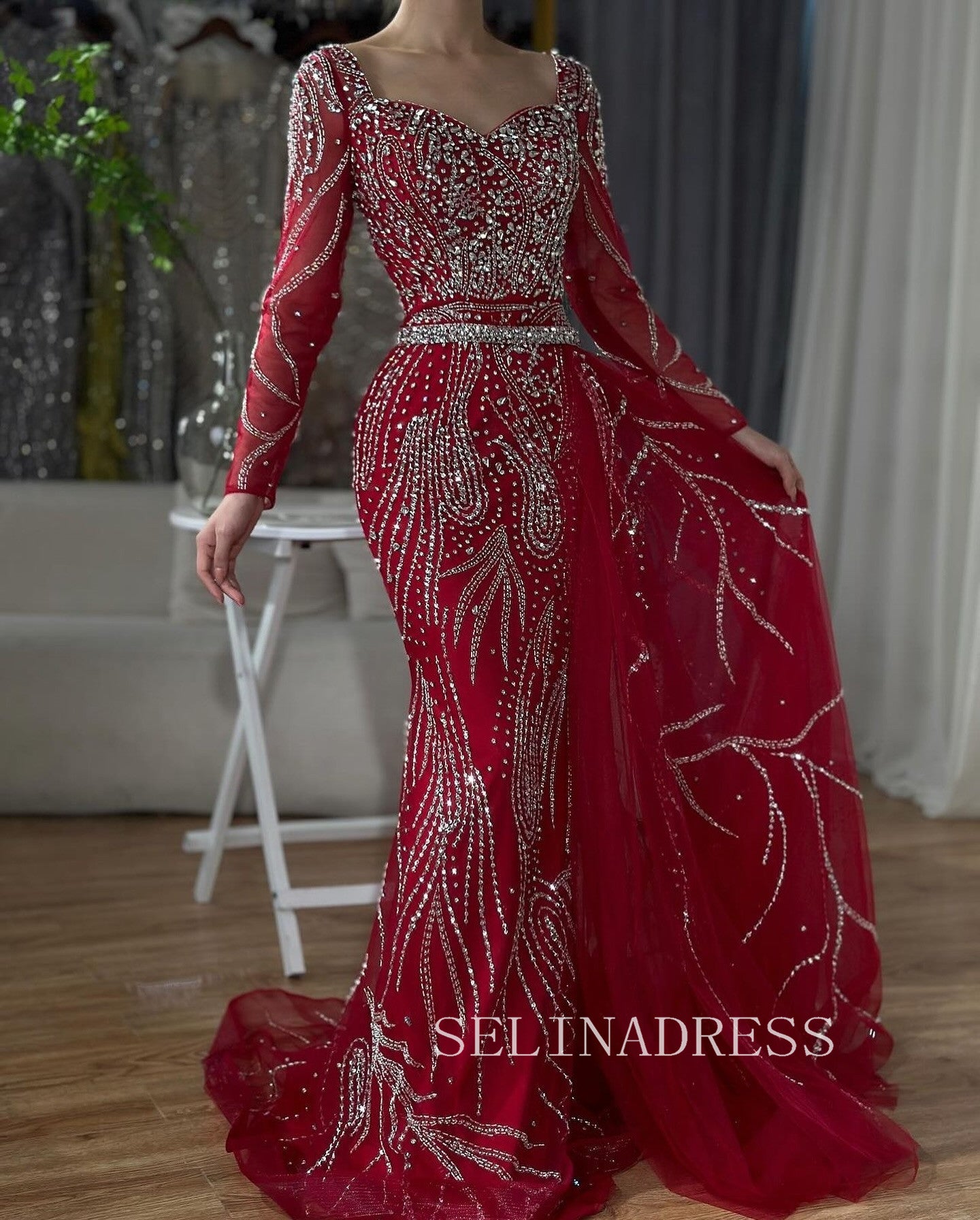 Red Dubai Evening Dresses Long Sleeves Beaded Luxury Wedding Party Gowns For Women ALI002