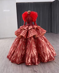 Red High Neck Ball Gown Sparkly Long Sleeve Formal Dress Wedding Gowns 241133|Selinadress