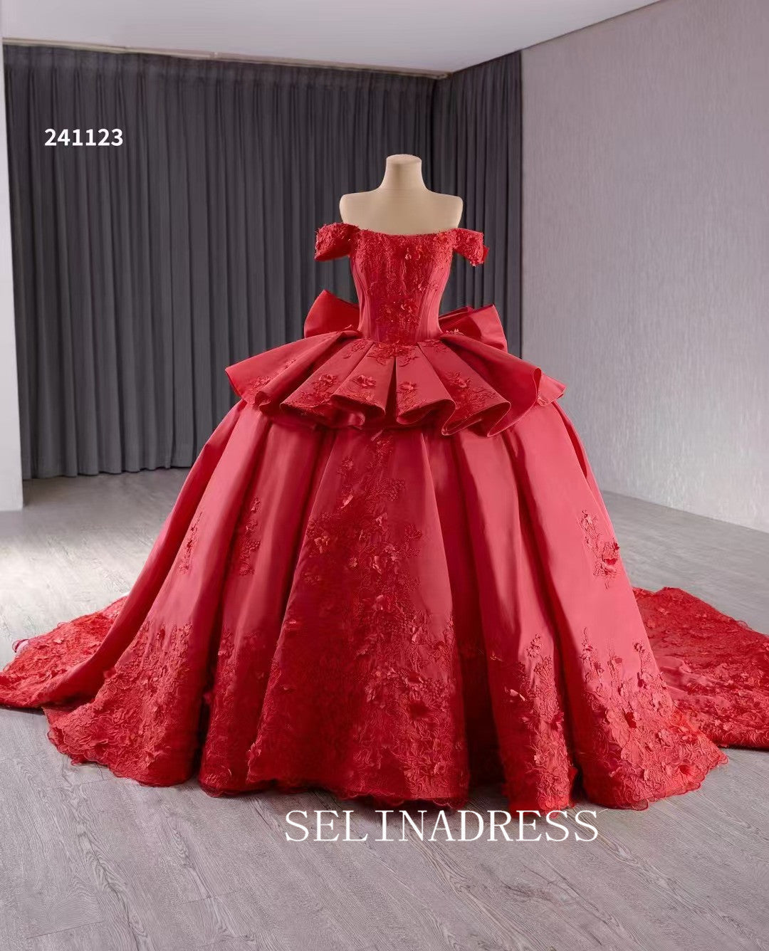 Red Satin Wedding Gown Off the Shoulder 3D Flower Quinceanera Dress 241123|Selinadress