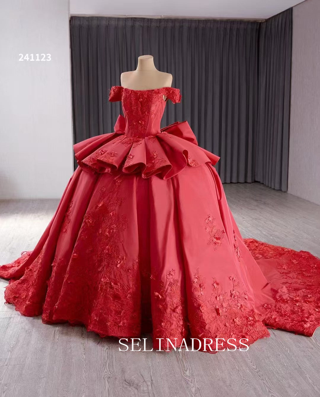 Red Satin Wedding Gown Off the Shoulder 3D Flower Quinceanera Dress 241123|Selinadress