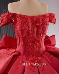 Red Satin Wedding Gown Off the Shoulder 3D Flower Quinceanera Dress 241123|Selinadress