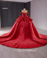 Red Satin Wedding Gown Off the Shoulder 3D Flower Quinceanera Dress 241123|Selinadress