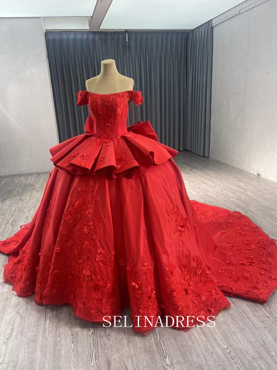 Red Satin Wedding Gown Off the Shoulder 3D Flower Quinceanera Dress 241123|Selinadress