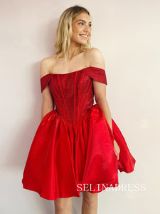 Red Sparkly Off-the-shoulder Short Homecoming Dresses Hoco Dress #TKL1909|Selinadress