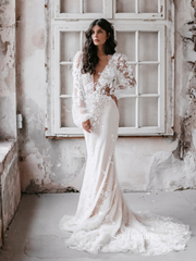 Romantic Beach Wedding Dress Bridal Lace Applique Tulle Long Sleeves Bride Dresses Wedding Gowns ASK003|Selinadress