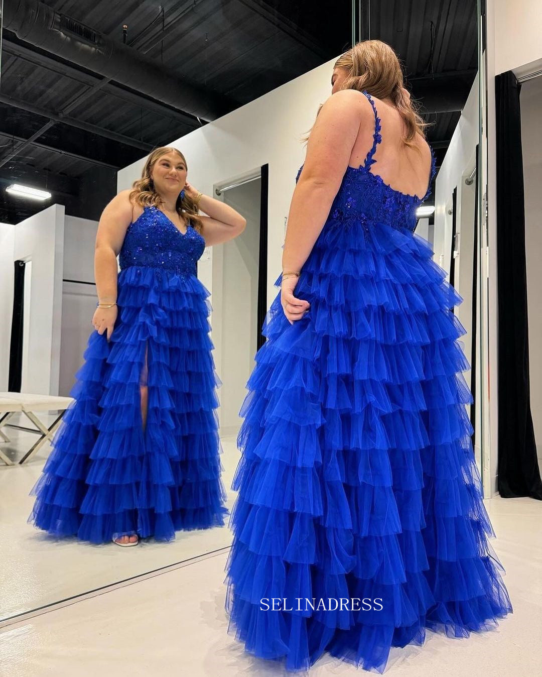 Royal Blue A-line Lace Long Prom Dress With Ruffle Skirt Evening Dress sew1036|Selinadress