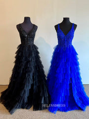 Royal Blue A-line Lace Long Prom Dress With Ruffle Skirt Evening Dress sew1036|Selinadress