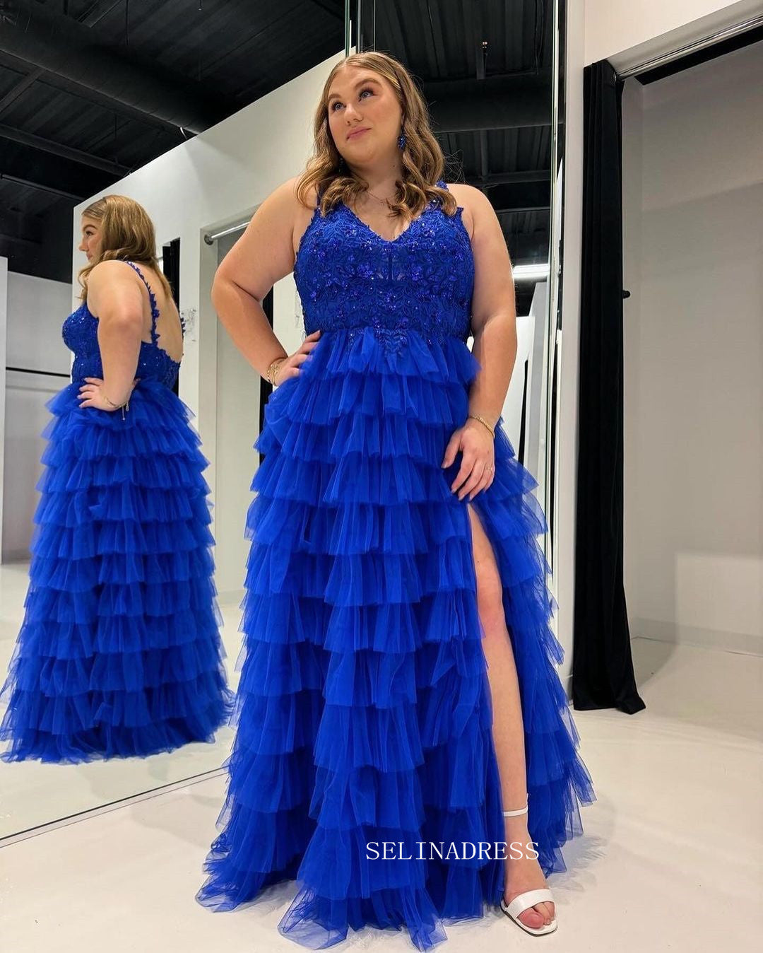 Royal Blue A-line Lace Long Prom Dress With Ruffle Skirt Evening Dress sew1036|Selinadress