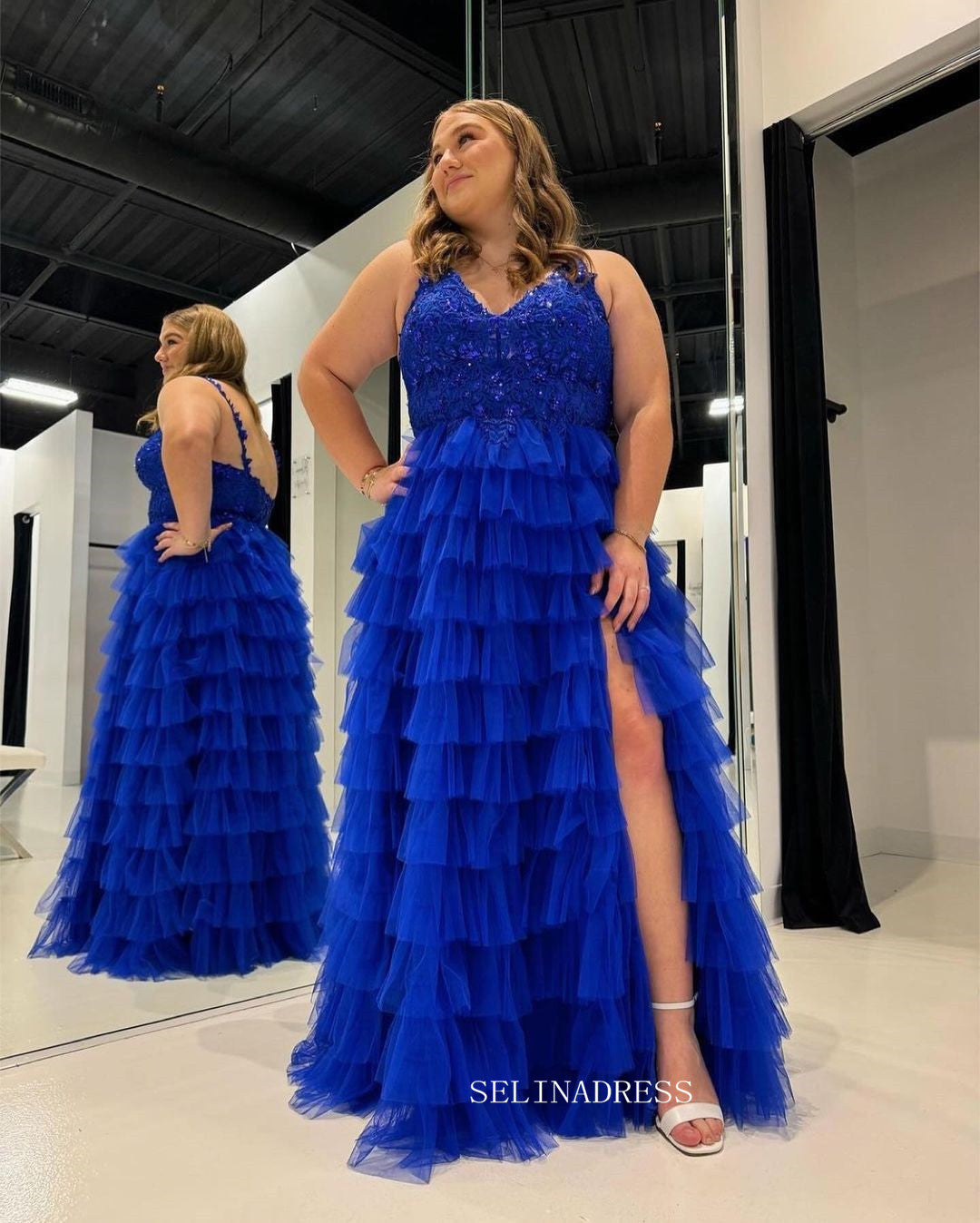 Royal Blue A-line Lace Long Prom Dress With Ruffle Skirt Evening Dress sew1036|Selinadress