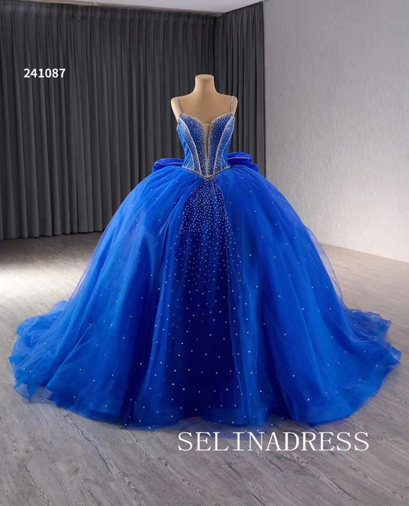 Royal Blue Beaded Wedding Dresses Spaghetti Straps Quinceanera Dress With Bowknot 241087|Selinadress