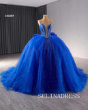 Royal Blue Beaded Wedding Dresses Spaghetti Straps Quinceanera Dress With Bowknot 241087|Selinadress