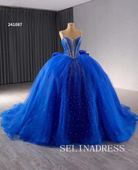 Royal Blue Beaded Wedding Dresses Spaghetti Straps Quinceanera Dress With Bowknot 241087|Selinadress