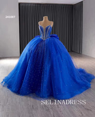 Royal Blue Beaded Wedding Dresses Spaghetti Straps Quinceanera Dress With Bowknot 241087|Selinadress