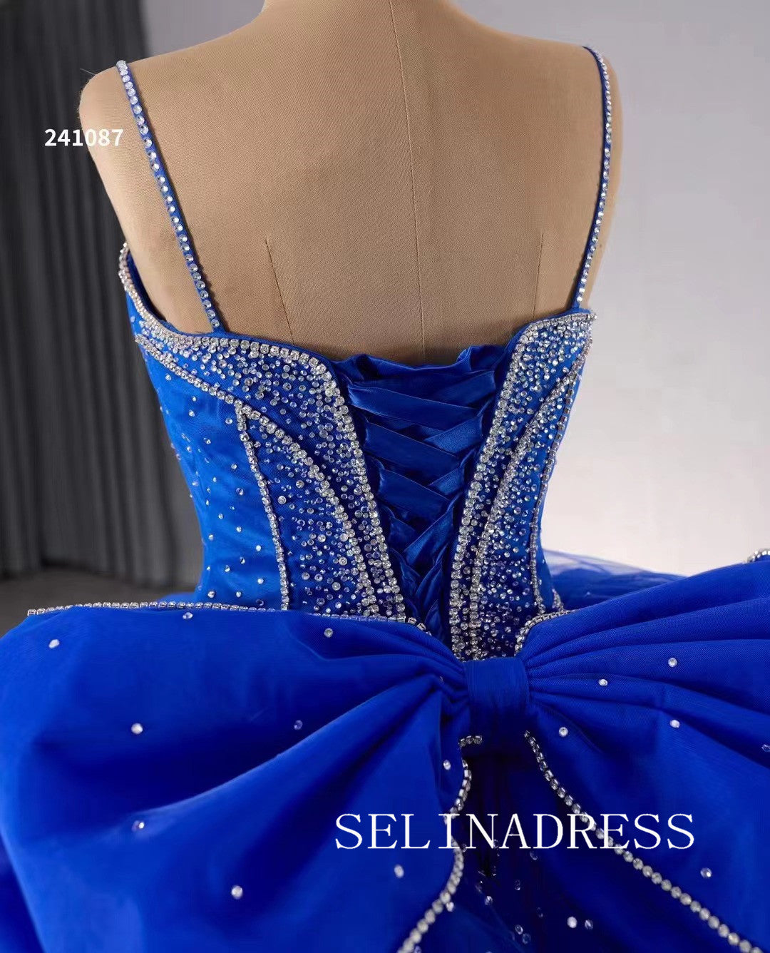 Royal Blue Beaded Wedding Dresses Spaghetti Straps Quinceanera Dress With Bowknot 241087|Selinadress