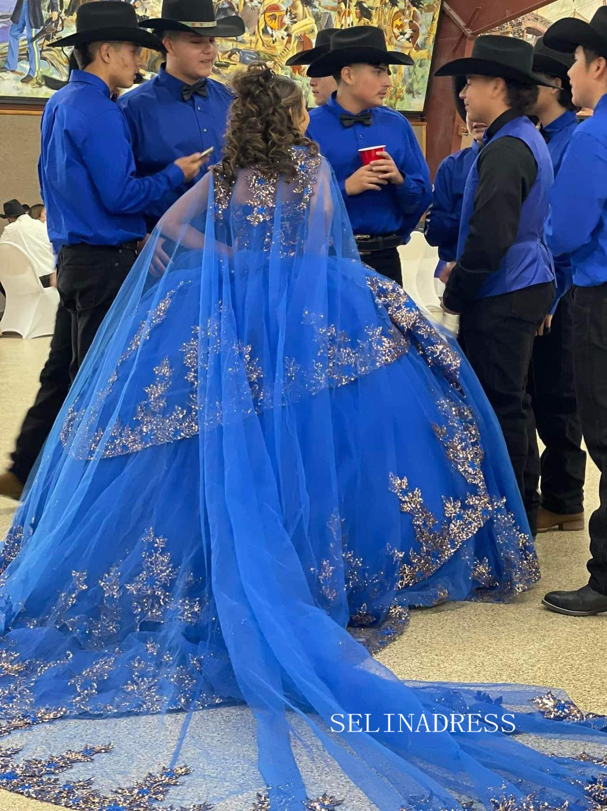 Royal Blue Quince Dress with Cathedral Train Cape Princess Wedding Dress Evening Gowns sew1093|Selinadress