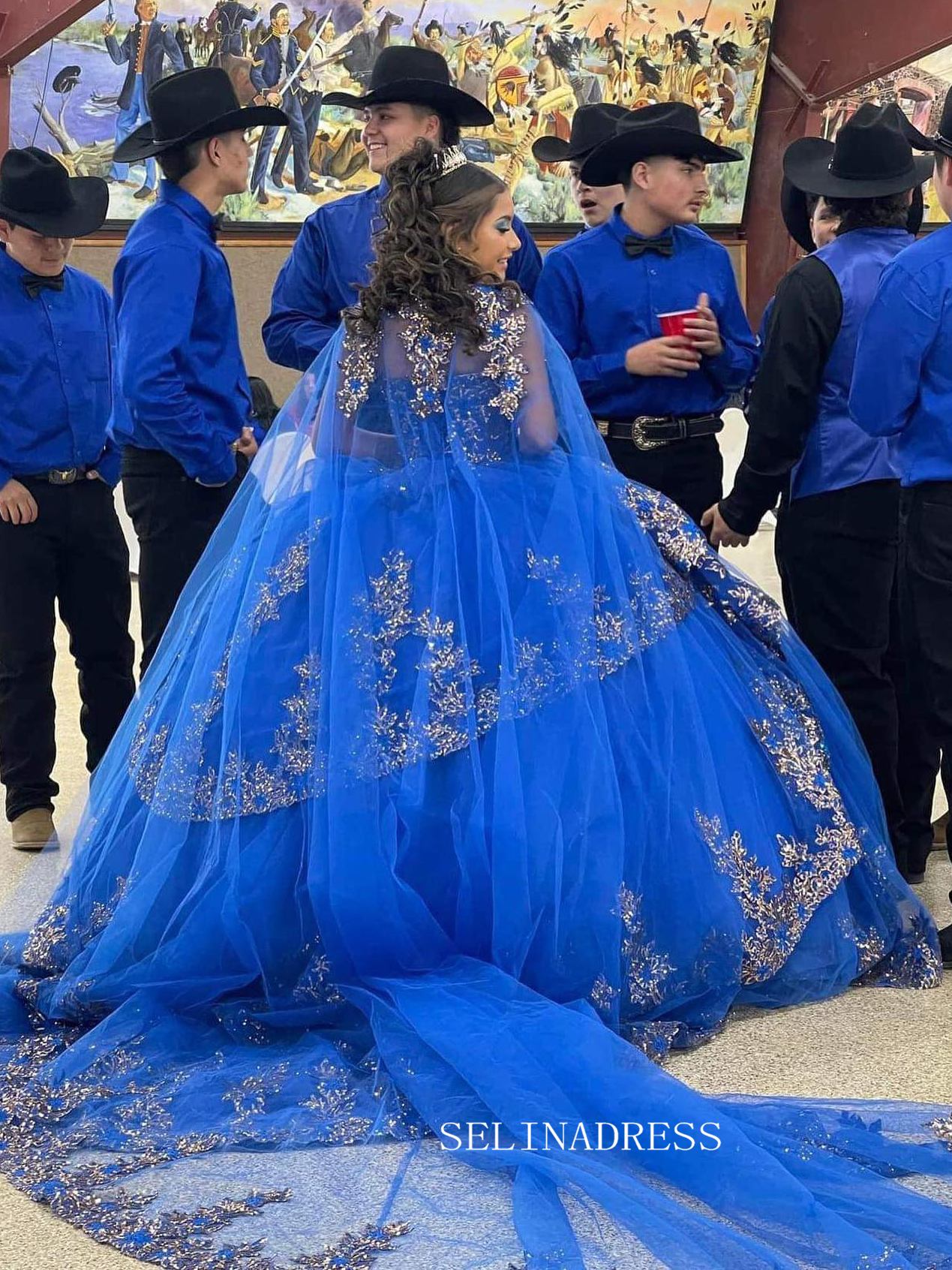 Royal Blue Quince Dress with Cathedral Train Cape Princess Wedding Dress Evening Gowns sew1093|Selinadress