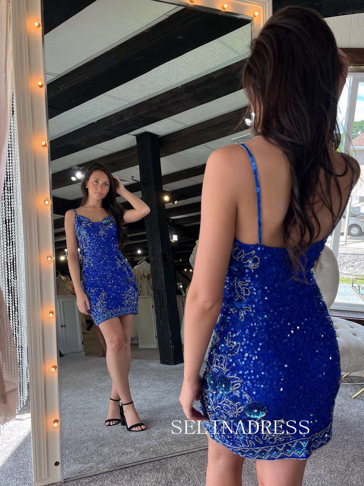 Royal Blue Sequin Short Homecoming Dresses Spaghetti Straps Mini Cocktail Dresses #EWR156|Selinadress