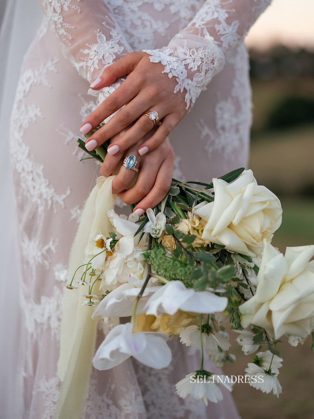 Rustic Mermaid Lace Wedding Dresses White Boho Long Sleeve Bridal Dresses TK063|Selinadress