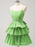 Sage Green Spaghetti Straps Homecoming Dresses Tiered Hoco Dress Cocktail Dress #TKL2352|Selinadress