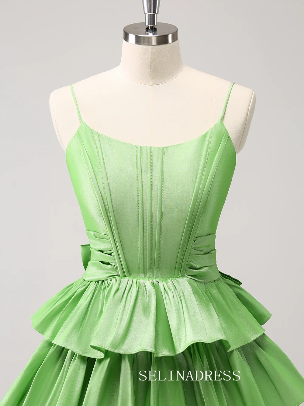 Sage Green Spaghetti Straps Homecoming Dresses Tiered Hoco Dress Cocktail Dress #TKL2352|Selinadress