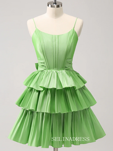 Sage Green Spaghetti Straps Homecoming Dresses Tiered Hoco Dress Cocktail Dress #TKL2352|Selinadress