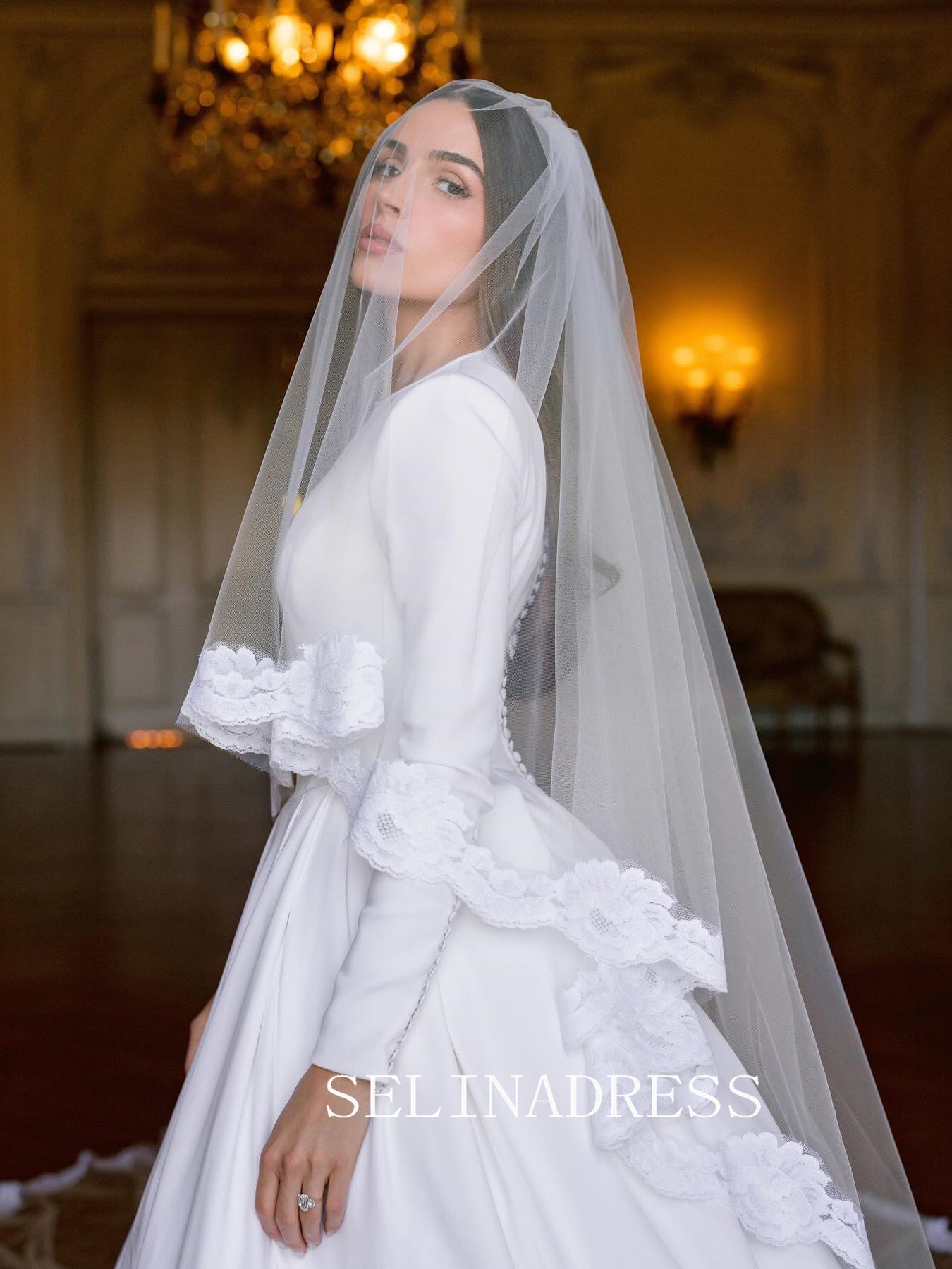 Scoop Neck Long Sleeve Wedding Dresses Rustic Satin Wedding Gowns XS005