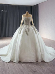 Scoop Neck Silver Beaded Ball Gown Long Sleeve Haute Couture Wedding Gowns 241121|Selinadress