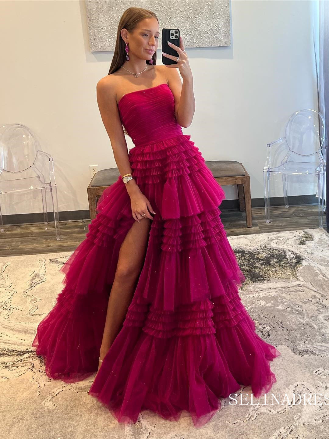 Gorgeous Frill Layered Gown Long Prom Dress With Ruffles Slit Evening –  SELINADRESS