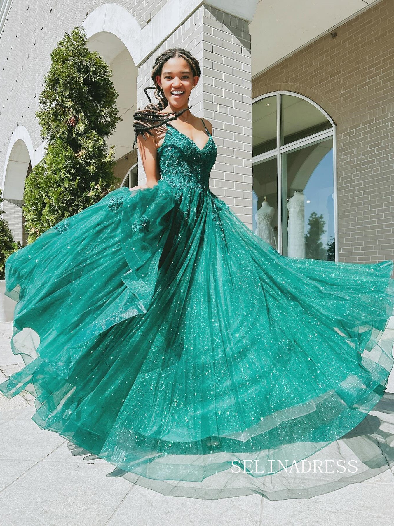 Elegant Spaghetti Straps Green Sparkly Lace Prom Dress Evening Dress SER631|Selinadress