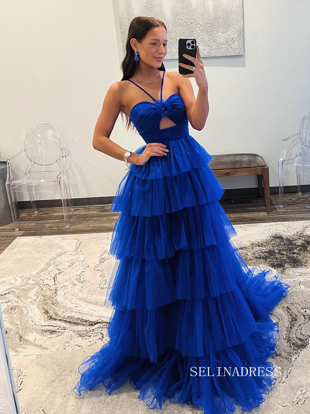 A-line Ball Gown Straps Ruffles Long Prom Dress Evening Gowns lpk912-K|Selinadress