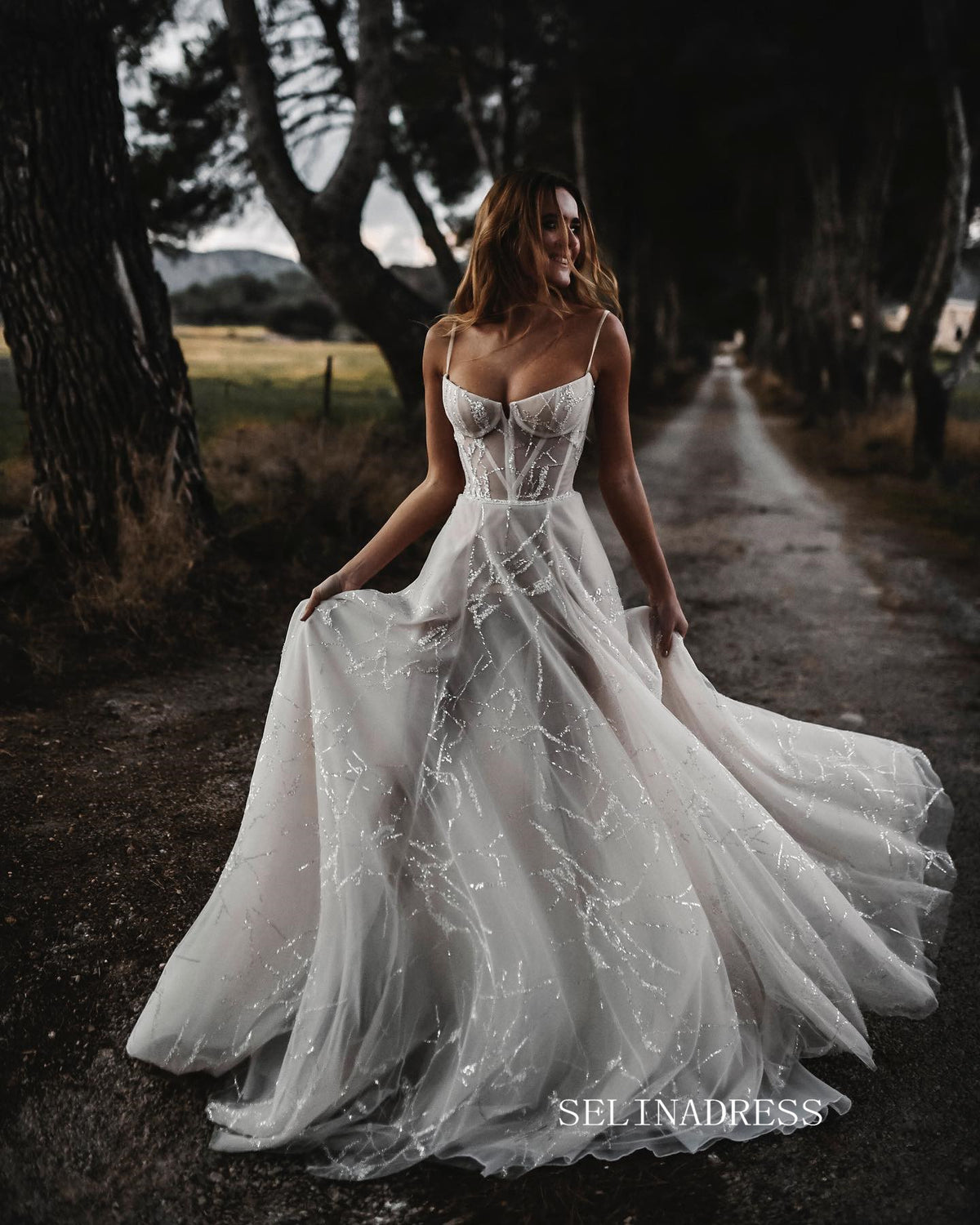 Sexy Boho Beach wedding dress Tulle Spaghetti Neck Beaded Long Bridal SELINADRESS