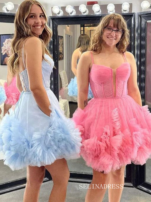 Sexy Short Cute Pink Tulle Junior V-Neck Mini Homecoming Dress #EWR576|Selinadress