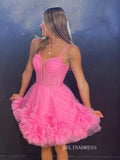 Sexy Short Cute Pink Tulle Junior V-Neck Mini Homecoming Dress #EWR576|Selinadress