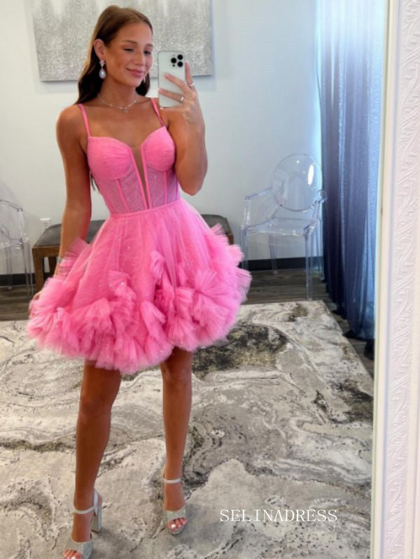 Sexy Short Cute Pink Tulle Junior V-Neck Mini Homecoming Dress #EWR576|Selinadress