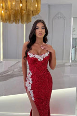 Sexy Strapless Red Sequins Crystals Long Mermaid Evening Dress #SEK195|Selinadress