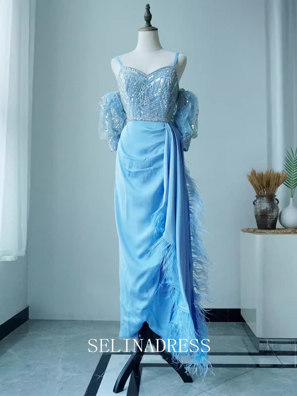 Sheath/Column Blue Beaded luxury Prom Dress With Detachable Sleeve Dubai Evening Formal Gown EWR103|Selinadress