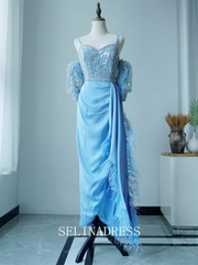 Sheath/Column Blue Beaded luxury Prom Dress With Detachable Sleeve Dubai Evening Formal Gown EWR103|Selinadress