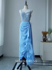 Sheath/Column Blue Beaded luxury Prom Dress With Detachable Sleeve Dubai Evening Formal Gown EWR103|Selinadress