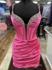 Sheath/Column Spaghetti Straps Hot Pink Short Prom Dress Homecoming Dresses #TKL2327|Selinadress