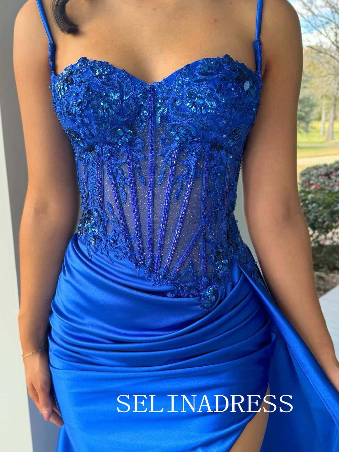 Sheath/Column Spaghetti Straps Royal Blue Lace Beaded Prom Dress With Hight Slit SED0027|Selinadress