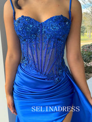 Sheath/Column Spaghetti Straps Royal Blue Lace Beaded Prom Dress With Hight Slit SED0027|Selinadress