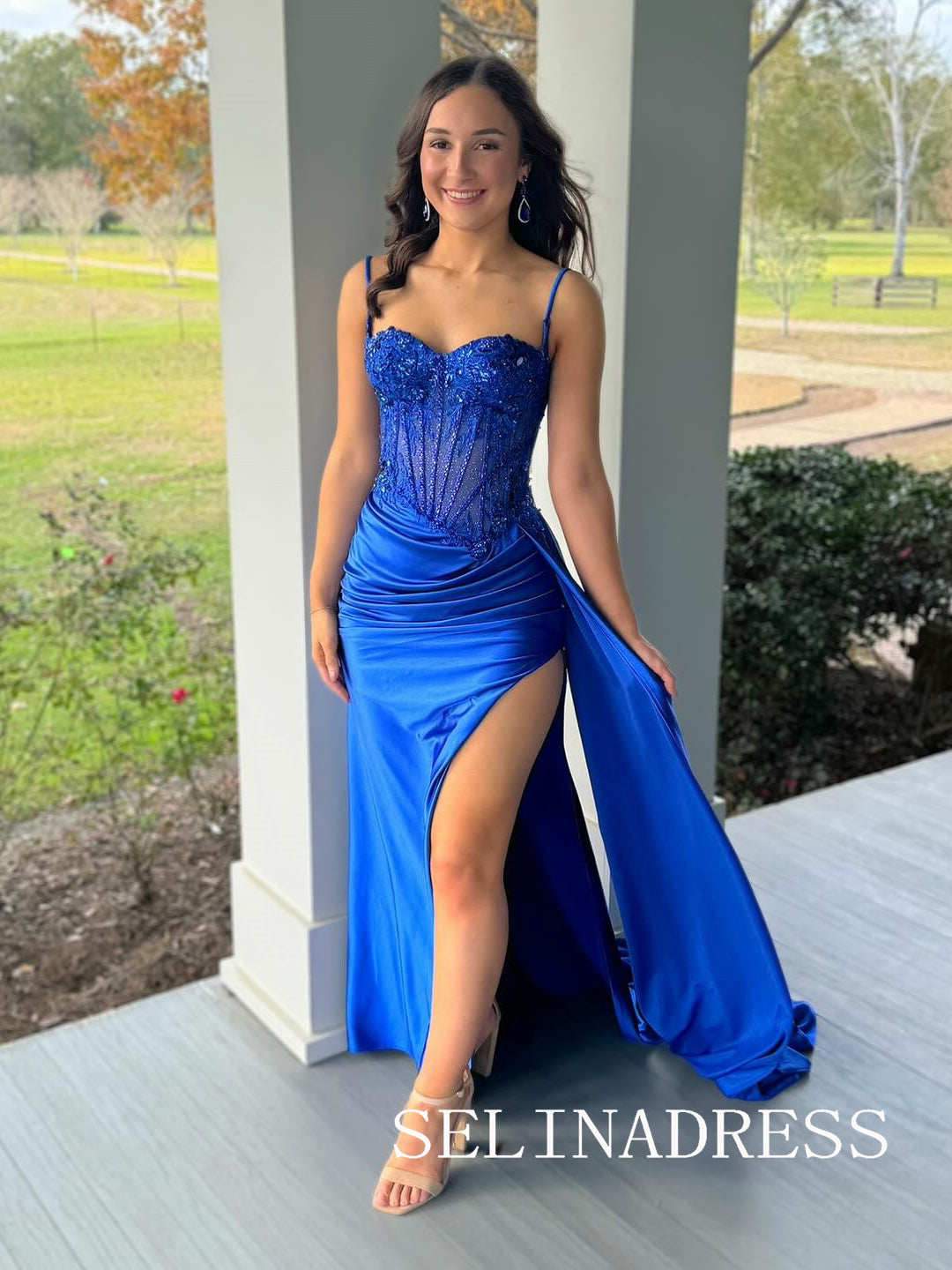 Sheath/Column Spaghetti Straps Royal Blue Lace Beaded Prom Dress With Hight Slit SED0027|Selinadress