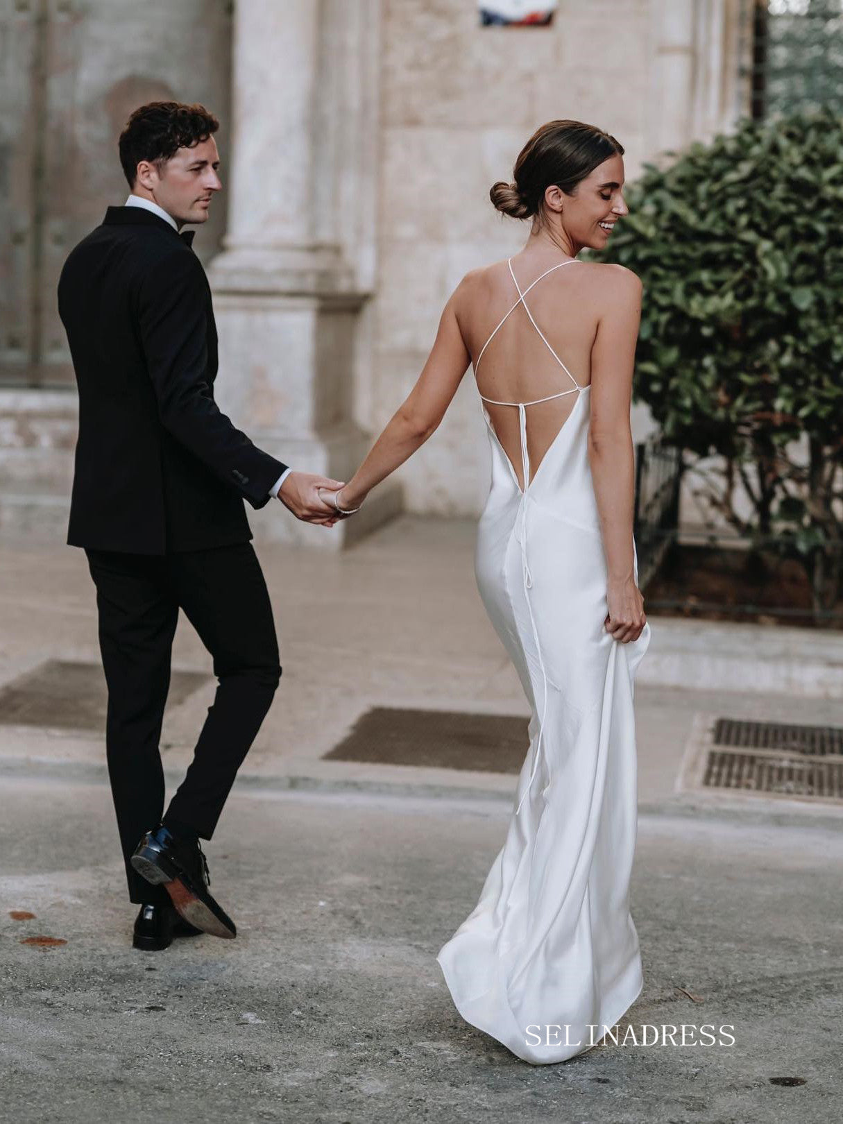 Sheath/Column Spaghetti Straps Thin Satin Elegant Wedding Dresses LKO007|Selinadress