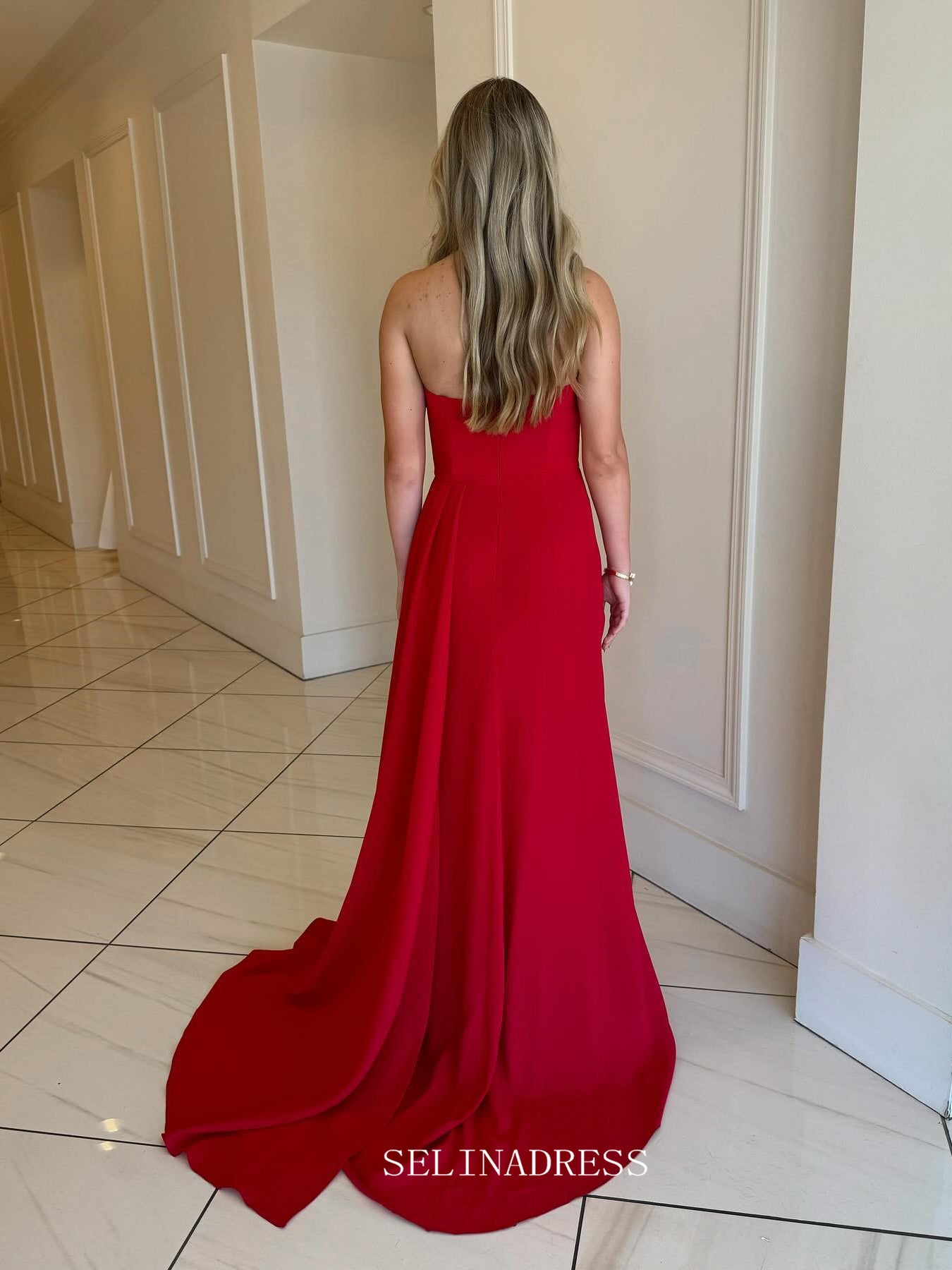 Sheath/Column Strapless Red Long Prom Dress Evening Dress With Split sew1097|Selinadress