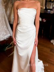 Sheath/Column White Strapless Wedding Dress Cheap Satin Bridal Gowns TKL3039|Selinadress